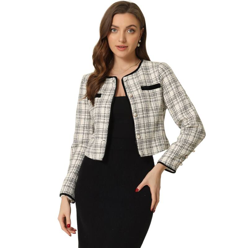 アレグラ ケー レディース アウター ジャケット・ブルゾン ツイード ALLEGRA K Tweed Jacket For Women Casual Round Neck Button Front Closure Long Sleeve Black White ホワイト