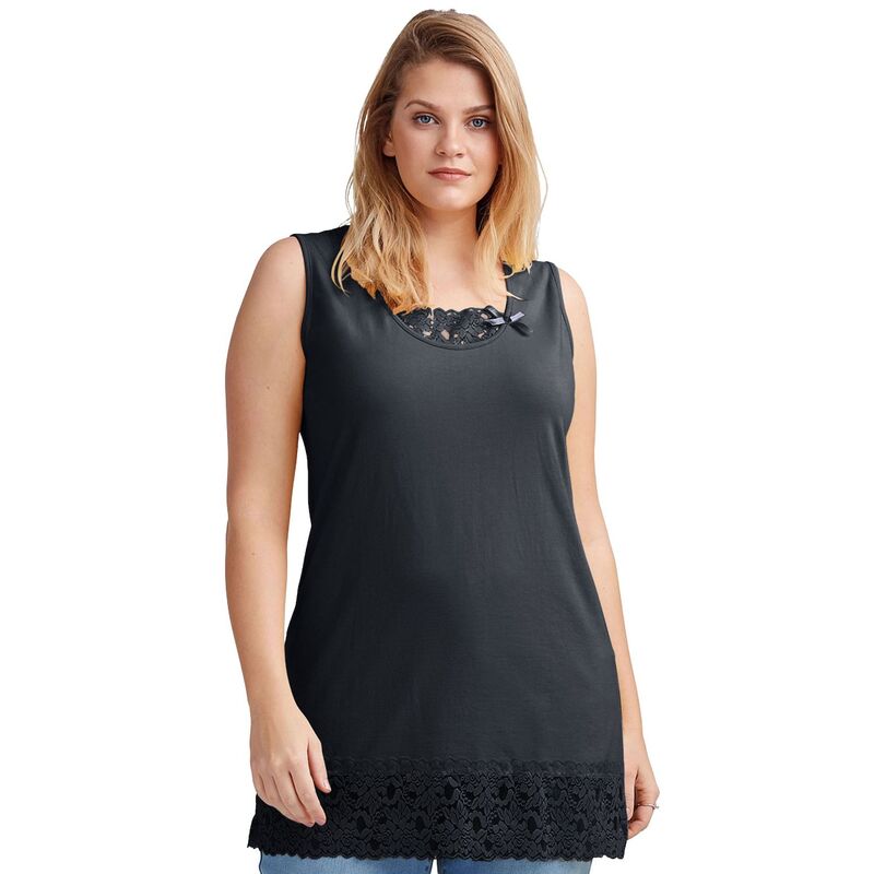 Ellos レディース トップス Tシャツ プラスサイズ ノースリーブ コットン レース ellos Plusize Cotton Spandex Lace Trimmed Scoop Neck Sleeveless Tunic Black ブラック