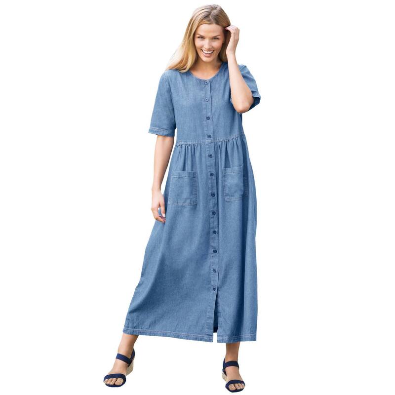 ウーマン ウィズイン レディース トップス ワンピース プラスサイズ 半袖 デニム Woman Within Plusize Short-Sleeve Denim Dress Light Stonewash デニム