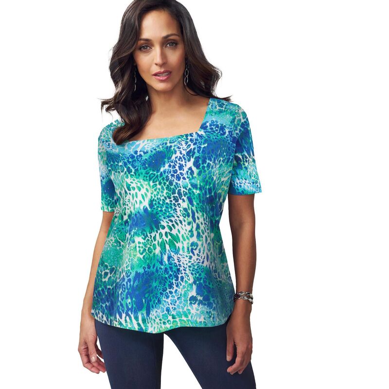 ジェシカ英国の首都 レディース トップス プルオーバー 足し加える大きさ 綿織物 Jessica London Women\u0027s Plusize Stretch Cotton Square Neck Tee Ocean Print
