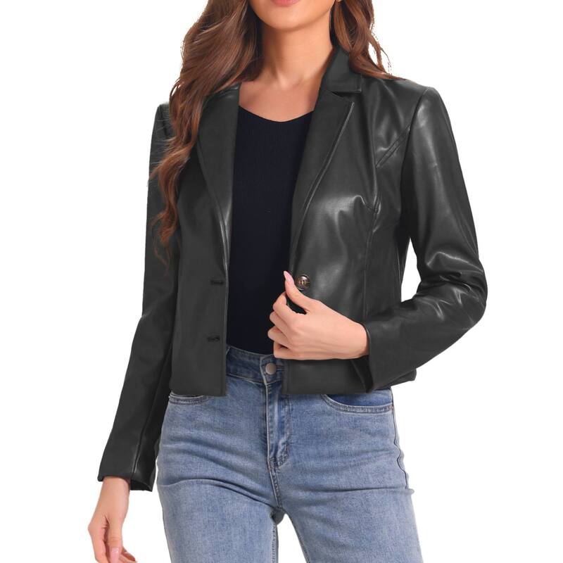 アレグラ ケー レディース アウター 上衣・上衣 ヴィンテージ 厚地の外套 スポーツジャケット フェイクレザー ALLEGRA K Faux Leather Blazer Jackets for Women Motorcycle Vintage Moto Biker Casual Coat Black 黒いこと