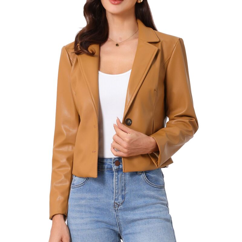 アレグラ ケー レディース アウター 上衣・上衣 ヴィンテージ 厚地の外套 スポーツジャケット フェイクレザー ALLEGRA K Faux Leather Blazer Jackets for Women Motorcycle Vintage Moto Biker Casual Coat Light Brown 赤銅色
