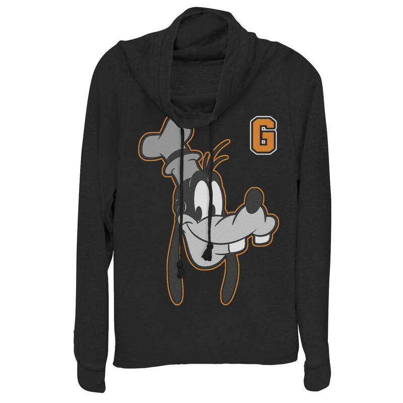 ウォルトディズニー レディース トップス プルオーバー グラフィック Disney\u0027s Goofy Juniors\u0027 Varsity Letter Face Cowlneck Graphic Lightweight Long Sleeve Black 黒いこと