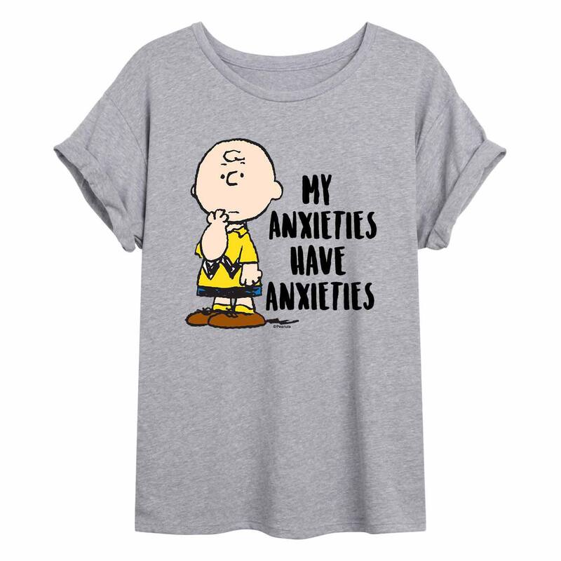 アニメキャラクター レディース トップス Tシャツ Licensed Character Juniors' Peanuts Charlie Brown Anxieties Oversized Tee Grey グレー
