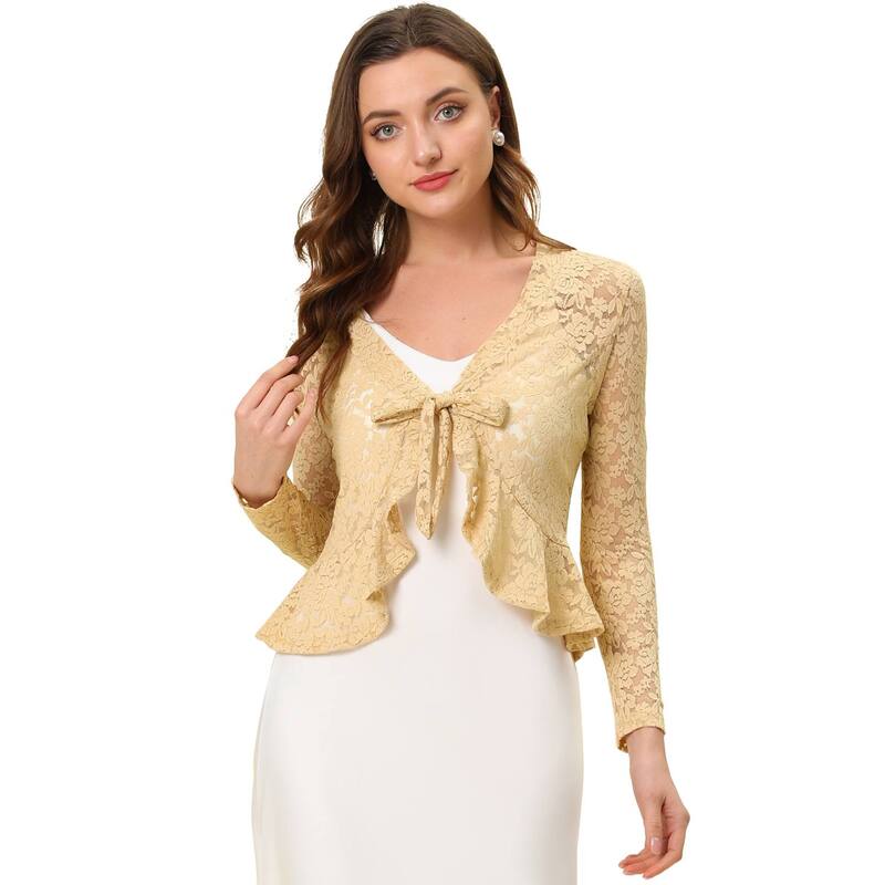 アレグラ ケー レディース トップス シャツ フラワー柄 フリル シアー カーディガン レース フラワー ALLEGRA K Women's Tie Front Crop Cardigan Ruffled Hem Floralace Sheer Shrug Beige ベージュ|ReVida 店