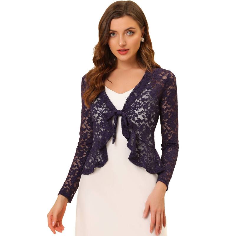 アレグラ ケー レディース トップス シャツ フラワー柄 フリル シアー カーディガン レース フラワー ALLEGRA K Women's Tie Front Crop Cardigan Ruffled Hem Floralace Sheer Shrug Purple パープル|ReVida 店