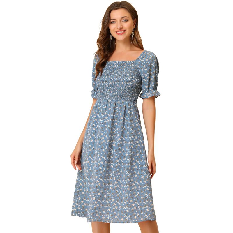 アレグラ ケー レディース トップス ワンピース フラワー柄 ミディ シャーリング フラワー ALLEGRA K Women\'smocked Floral Square Neck Short Puff Sleeve Summer Midi Dress Dusty Blue ブルー｜ReVida 店