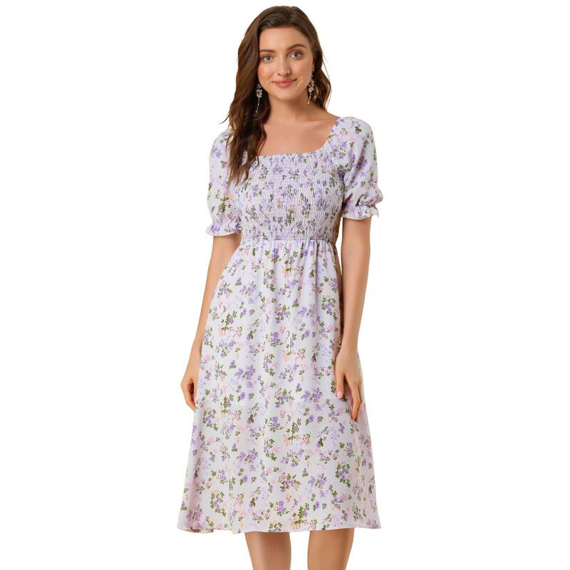 アレグラ ケー レディース トップス ワンピース フラワー柄 ミディ シャーリング フラワー ALLEGRA K Women\'smocked Floral Square Neck Short Puff Sleeve Summer Midi Dress Purple パープル｜ReVida 店
