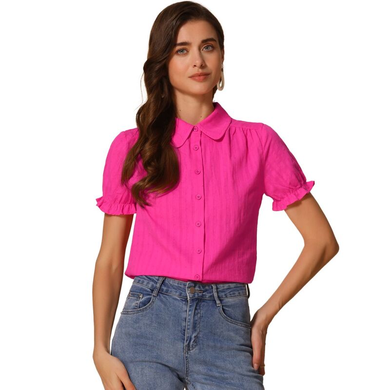 アレグラ ケー レディース トップス シャツ コットン ダウン ブラウス ALLEGRA K Women's Cotton Frilled Top Turndown Collar Solid Blouse Hot Pink ピンク