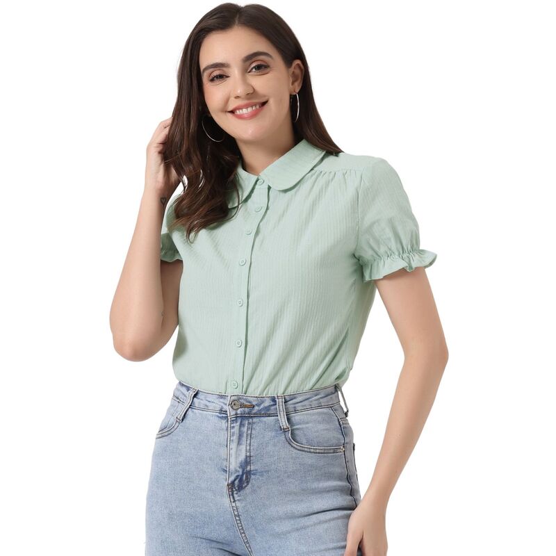 アレグラ ケー レディース トップス シャツ コットン ダウン ブラウス ALLEGRA K Women's Cotton Frilled Top Turndown Collar Solid Blouse Light Green グリーン|ReVida 店