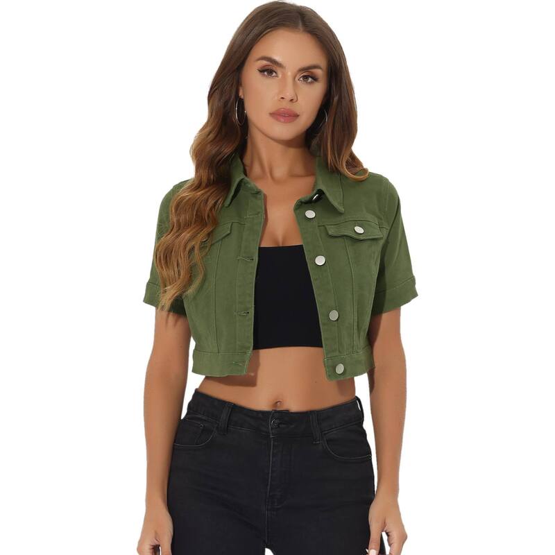 アレグラ ケー レディース アウター 上衣・上衣 クロップド ジーンズ ALLEGRA K Women\u0027s Casual Short Sleeves Button Croppedenim Jacket Green 緑であること