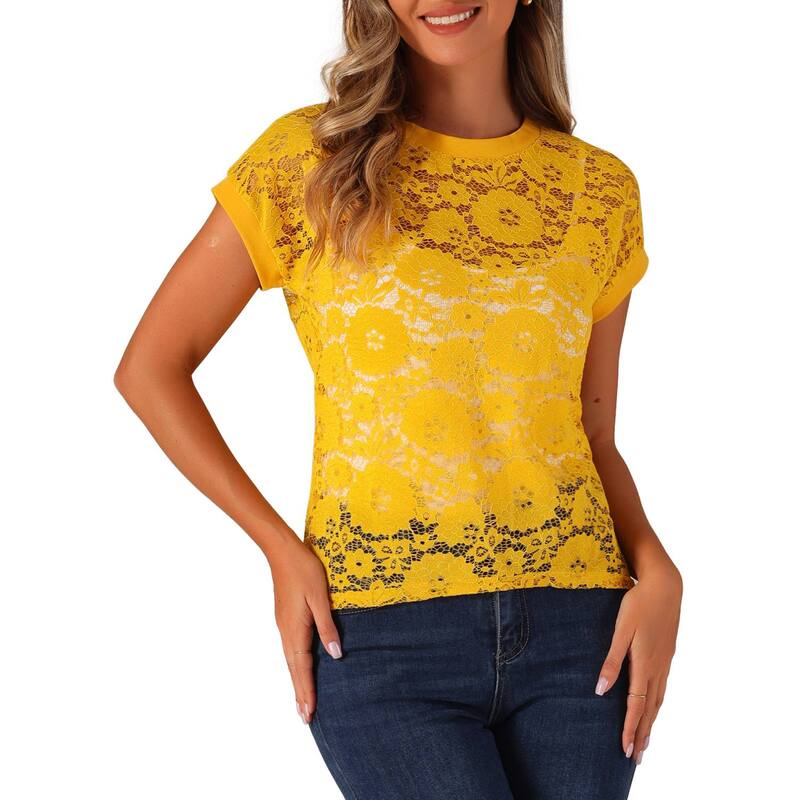 アレグラ ケー レディース トップス シャツ フラワー柄 シアー レース フラワー ALLEGRA K Women's Casual Sheer Short Sleeves Floralace Top Yellow イエロー