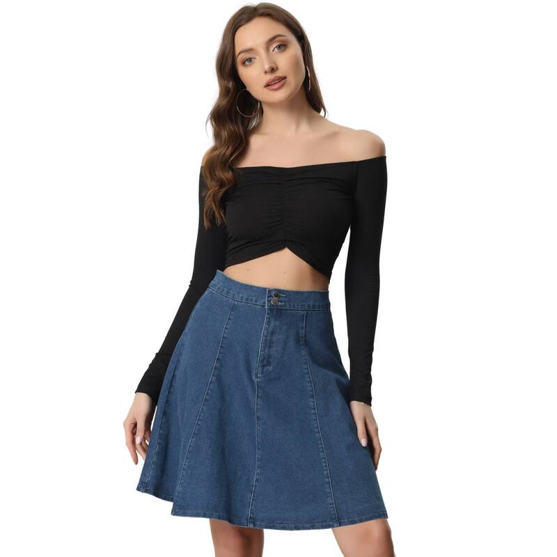アレグラ ケー レディース ボトムスカート A ライン ハイウエスト プリーツ ミディ デニム ALLEGRA K Women\'s Casual High Waist A-Line Flared Pleated Midi Denim Skirt Dark Blue ブルー