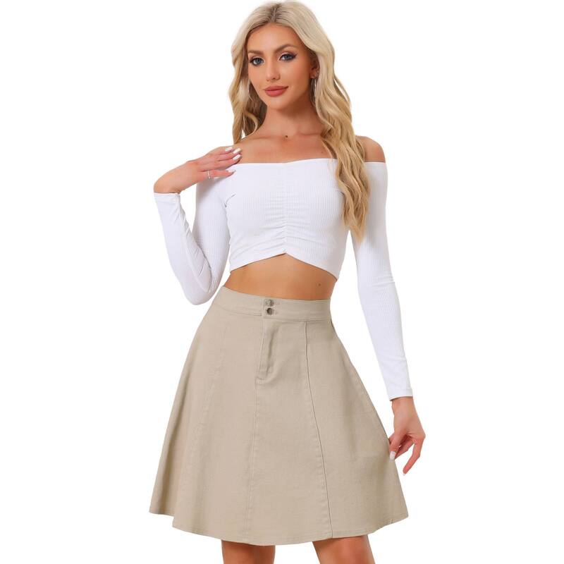 アレグラ ケー レディース ボトムスカート A ライン ハイウエスト プリーツ ミディ デニム ALLEGRA K Women\'s Casual High Waist A-Line Flared Pleated Midi Denim Skirt Khaki カーキ