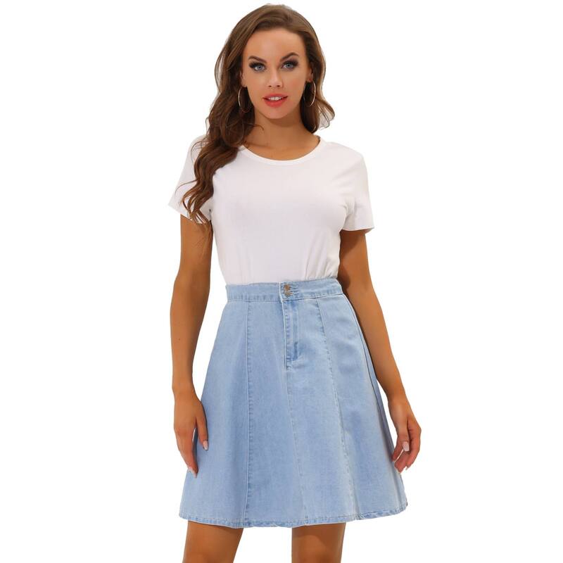 アレグラ ケー レディース ボトムスカート A ライン ハイウエスト プリーツ ミディ デニム ALLEGRA K Women\'s Casual High Waist A-Line Flared Pleated Midi Denim Skirt Sky Blue ブルー