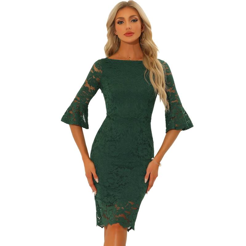アレグラ ケー レディース トップス ワンピース ヴィンテージ レース ALLEGRA K Lace Sheath Dress For Women Boat Neck Bell Sleeve Vintage Cocktail Dress Dark Green グリーン
