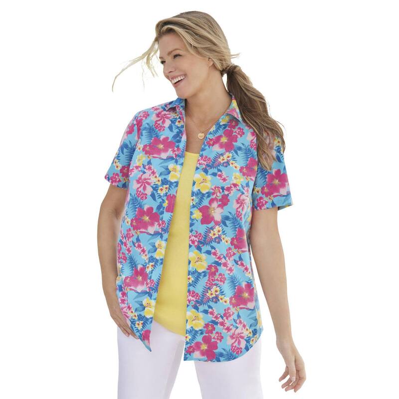 ウーマン ウィズイン レディース トップス シャツ プラスサイズ プチ Woman Within Plusize Petite Perfect Short Sleeve Shirt Azure Watercolor