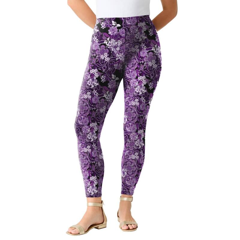 ロアマンズ レディース ボトムス カジュアルパンツ プラスサイズ プチ アンクル Roaman's Women's Plusize Petite Anklength Essential Stretch Legging Purple Rose Paisley パープル|ReVida 店