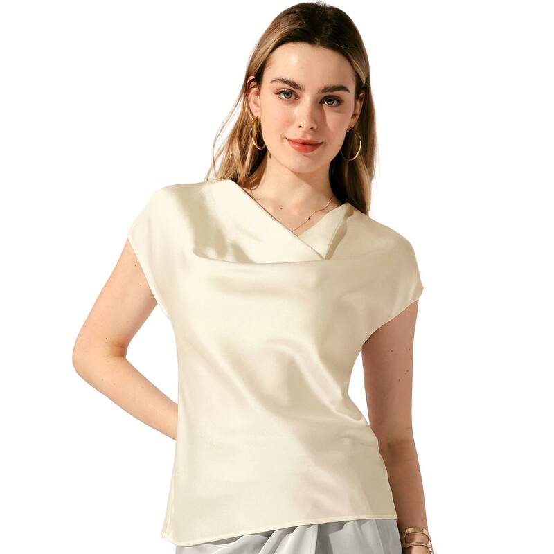 アレグラ ケー レディース トップス シャツ サテン ブラウス ALLEGRA K Satin Top For Women's Cowl Neck Short Sleeve Dressy Casual Blouse Beige ベージュ