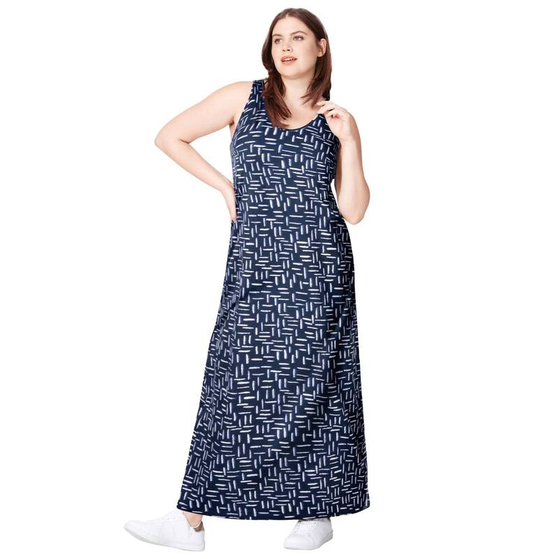 Ellos レディース トップス 衣装 A 伝達ルート つけ加える大きさ ノースリーブ 綿織物 マキシ ellos Plusize Cotton Spandex Scoop Neck Sleeveless A Line Maxi Dress Navy Print 米国海軍