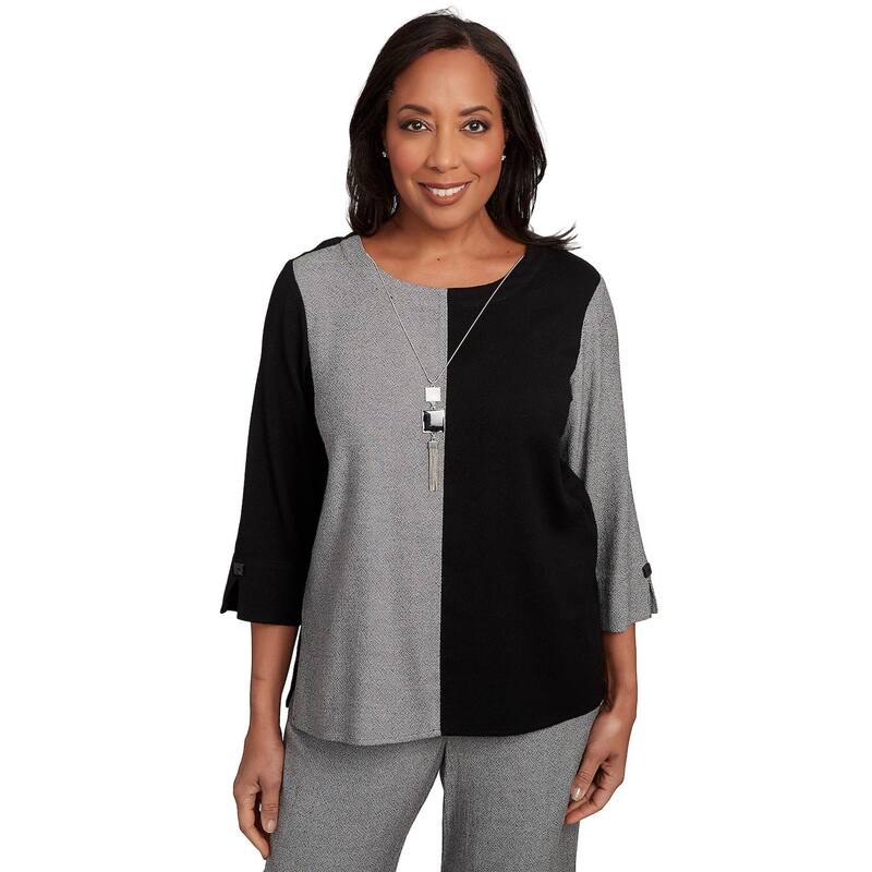 アルフレッド ダナー レディース トップス Tシャツ プチ レース Petite Alfredunner Center Sliced Top With Necklace Black Gray ブラック
