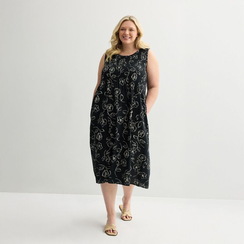クロフト＆バロー レディース トップス ワンピース プラスサイズ ミディ シャーリング Plusize Croft & Barrow Smocked Midi Dress Black Gesture Floral ブラック