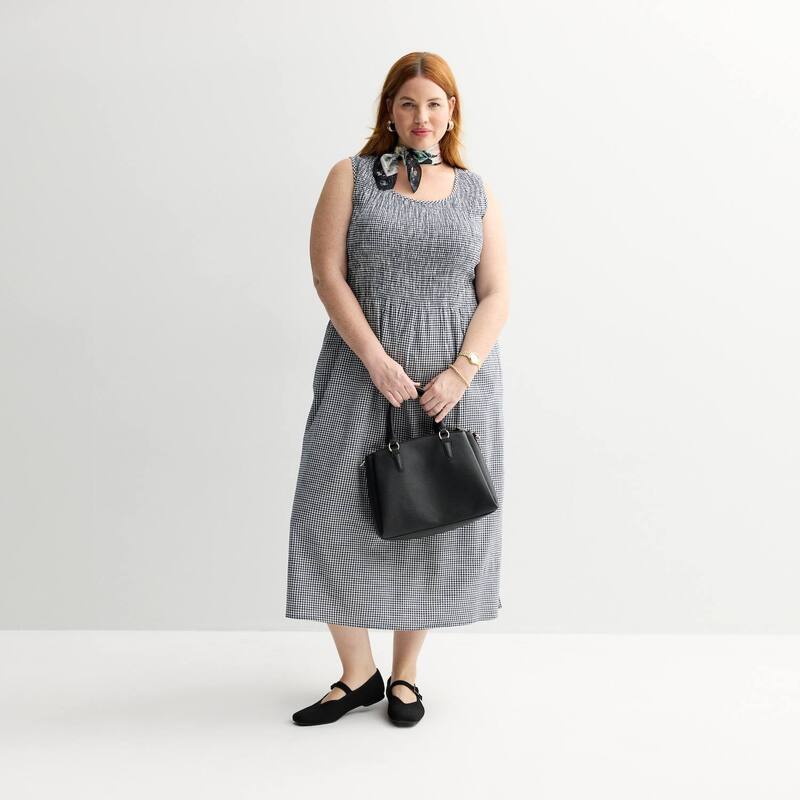 クロフト＆バロー レディース トップス ワンピース プラスサイズ ミディ シャーリング Plusize Croft & Barrow Smocked Midi Dress Navy Small Gingham ネイビー