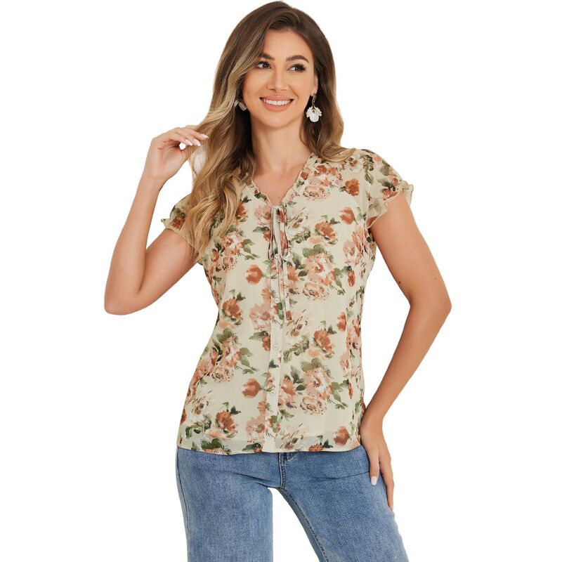 アレグラ ケー レディース トップス シャツ Vネック シフォン フラワー柄 フリル ブラウス フラワー ALLEGRA K Women's Blouse V Neck Ruffle Floral Short Sleeves Chiffon Tops Beige Pink ピンク