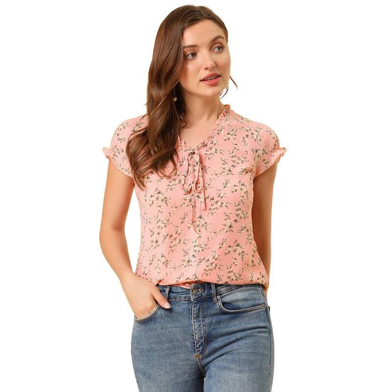 アレグラ ケー レディース トップス シャツ Vネック シフォン フラワー柄 フリル ブラウス フラワー ALLEGRA K Women's Blouse V Neck Ruffle Floral Short Sleeves Chiffon Tops Dark Pink ピンク