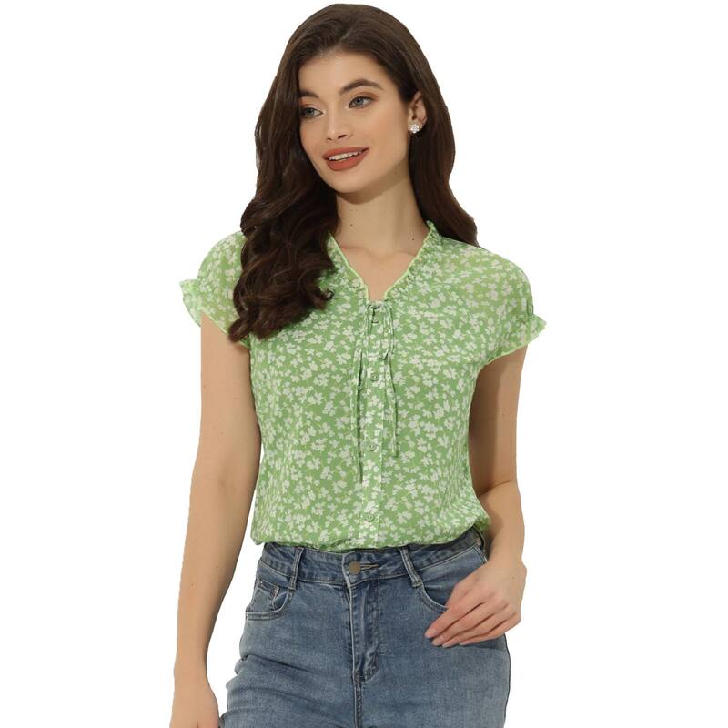 アレグラ ケー レディース トップス シャツ Vネック シフォン フラワー柄 フリル ブラウス フラワー ALLEGRA K Women's Blouse V Neck Ruffle Floral Short Sleeves Chiffon Tops Light Green グリーン