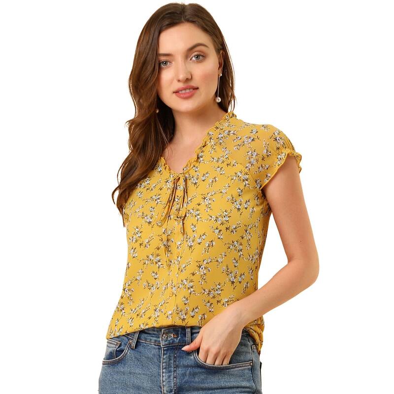 アレグラ ケー レディース トップス シャツ Vネック シフォン フラワー柄 フリル ブラウス フラワー ALLEGRA K Women's Blouse V Neck Ruffle Floral Short Sleeves Chiffon Tops Yellow イエロー