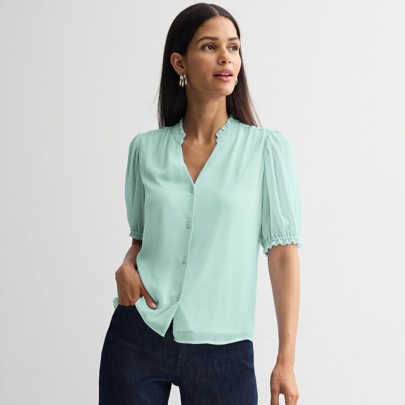 ナインウェスト レディース トップス シャツ フリル ダウン Women's Nine West Ruffle Button-Down Shirt Serene Green グリーン