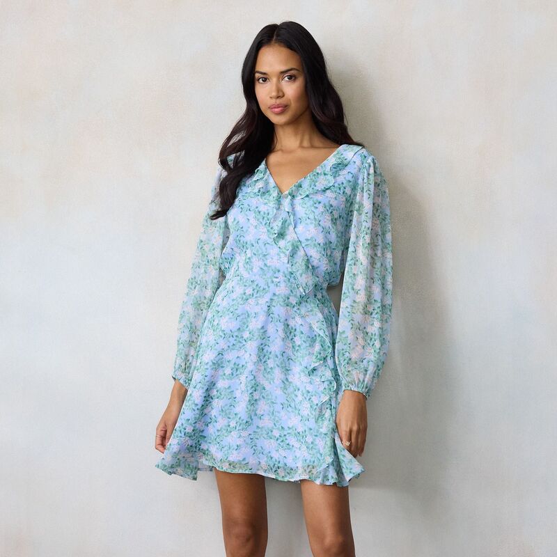 LC Lauren Conrad レディース トップス ワンピース フリル ミニ Women LC Lauren Conrad Long Sleeve Cascade Ruffle Mini Dress Blue Lena Grove ブルー
