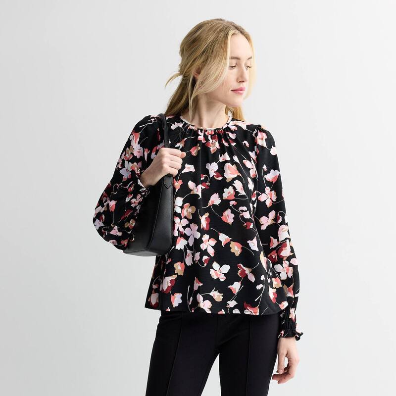 ナインウェスト レディース トップス シャツ ブラウス Women's Nine West Long Sleeve Shirred Blouse Black Darya Floral ブラック