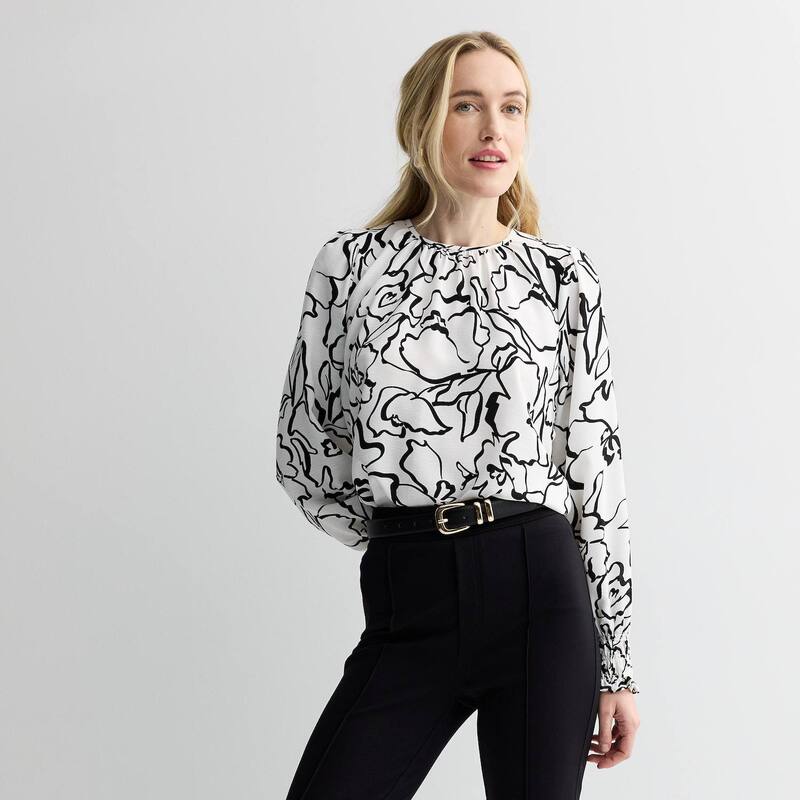 ナインウェスト レディース トップス シャツ ブラウス Women's Nine West Long Sleeve Shirred Blouse White Josefina Floral ホワイト｜ReVida 店