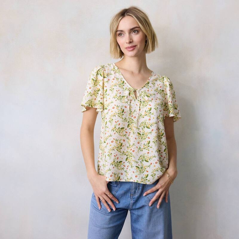 LC Lauren Conrad レディース トップス プルオーバー Women\u0027s LC Lauren Conrad Tie-Front Keyhole Flutter Sleeve Woven Top Cream Fresa Blooms 皮膚軟化剤