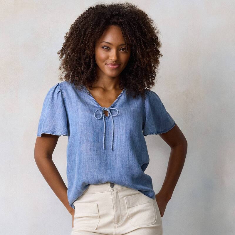 LC Lauren Conrad レディース トップス プルオーバー Women\u0027s LC Lauren Conrad Tie-Front Keyhole Flutter Sleeve Woven Top Enzyme Acd Tencel Wash