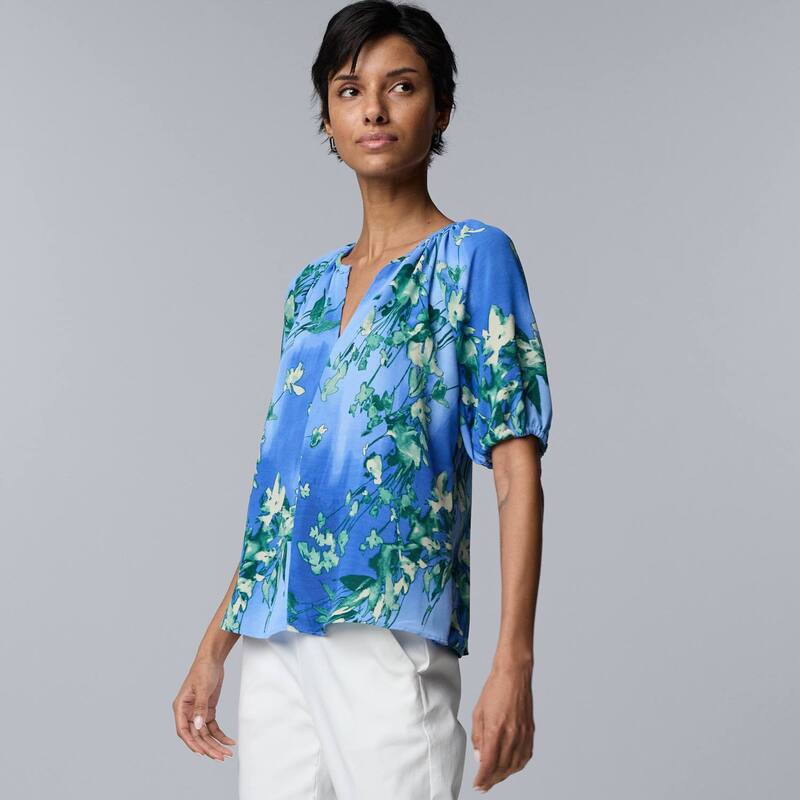 ヴェラウォン レディース トップス プルオーバー トップ Women\u0027simply Vera Wang Shirred Blouse Blue Green Floral 青み