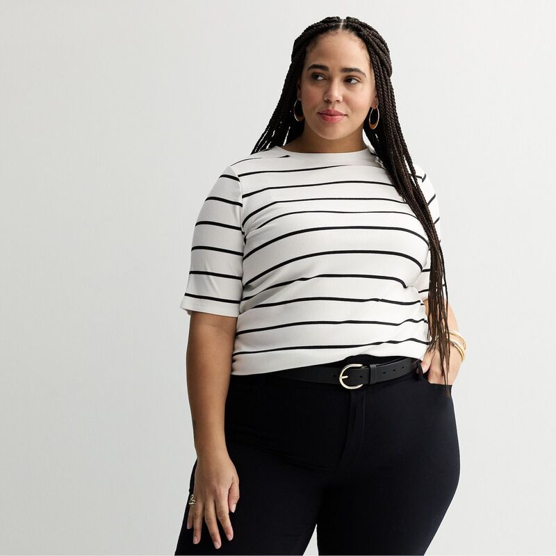 ナインウェスト レディース トップス Tシャツ プラスサイズ Plusize Nine West Fitted Elbow Sleeve Top White Lara Stripe ホワイト