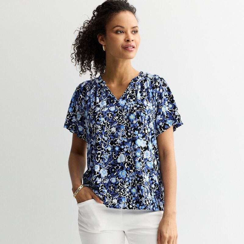 クロフト＆バロー レディース トップス Tシャツ シャーリング Women's Croft & Barrow Smocked Raglan Top Navy Cluster Floral ネイビー