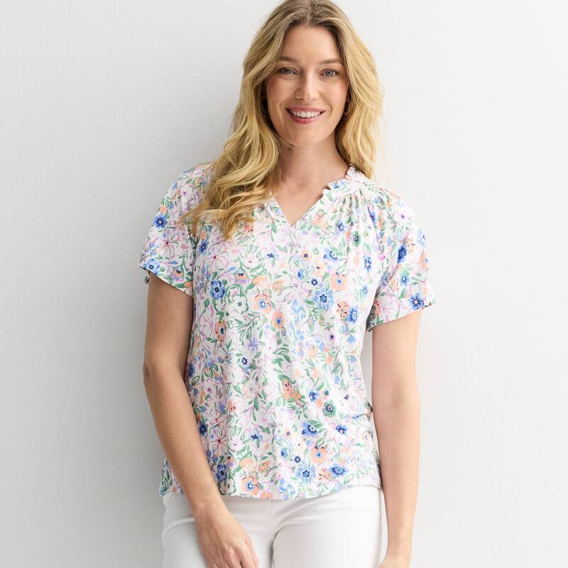 クロフト＆バロー レディース トップス Tシャツ シャーリング Women's Croft & Barrow Smocked Raglan Top Orange Cluster Floral オレンジ