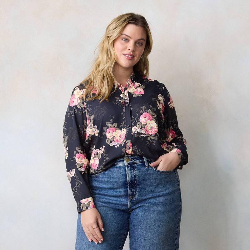LC Lauren Conrad レディース トップス プルオーバー つけ加える大きさ Plusize LC Lauren Conrad Button Front Shirt Black Nero Blooms 黒いこと