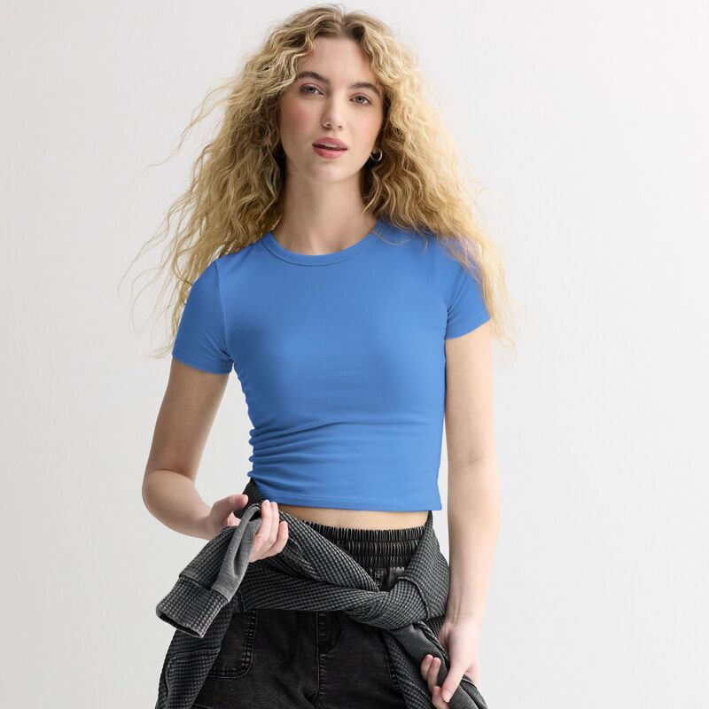 エスオー レディース トップス Tシャツ クルーネックロップド Juniors' SO Cropped Crewneck Tee Peri Starflower