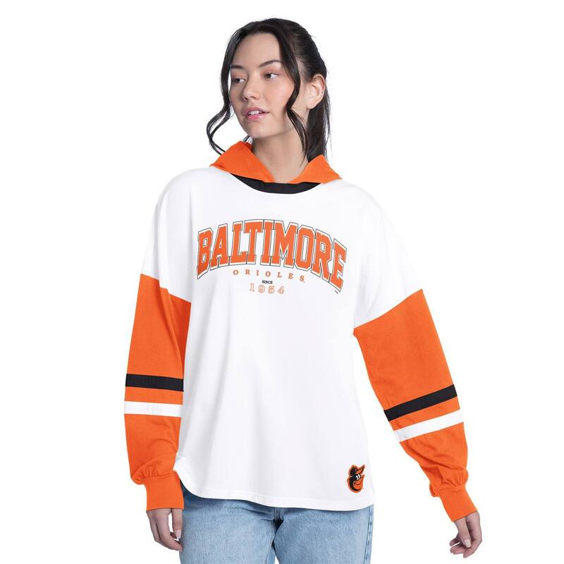 ジースリー フォーハー バイ 長い巻き毛 バンクス レディース トップス プルオーバー Women\u0027s G-III 4Her by Carl Banks White/Orange Baltimore Orioles Key Player Oversized Hooded Long Sleeve T-Shirt Orl White 白いこと