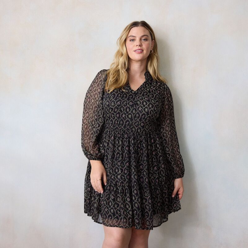 LC Lauren Conrad レディース トップス ワンピース ティアード プラスサイズ シャツ Plusize LC Lauren Conrad Babydoll Tiered Shirtdress Black Victoriawall ブラック
