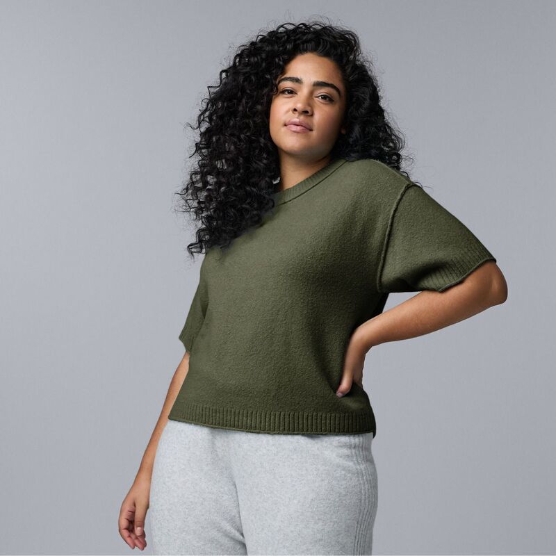 ヴェラウォン レディース アウター ニット・セーター プラスサイズ Plusize Simply Vera Wang Luxe Cashmere Blend Short Sleeve Sweater Midnight Army アーミー｜ReVida 店