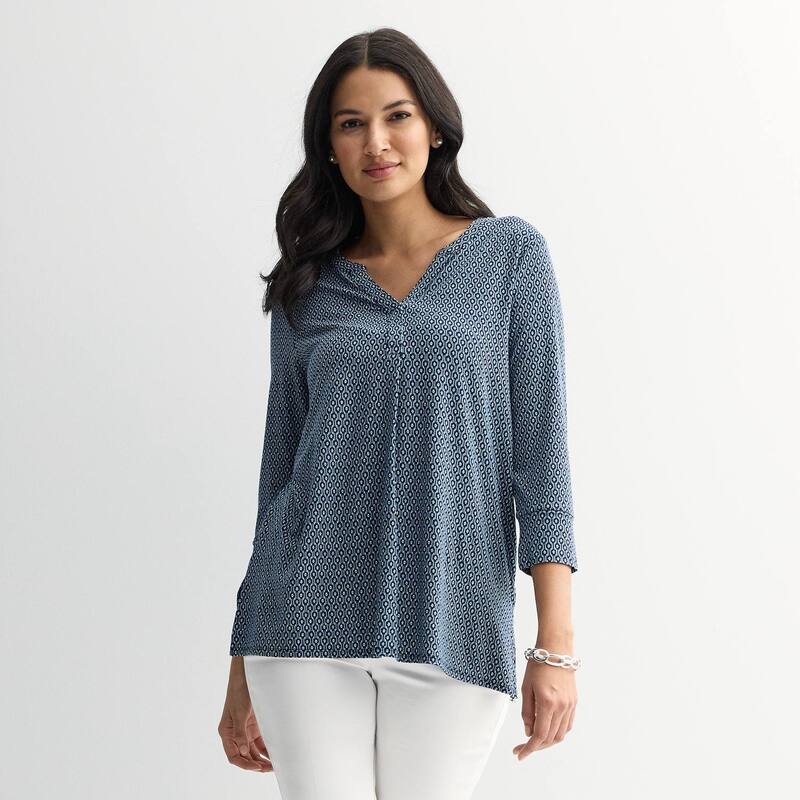 クロフト＆バロー レディース トップス Tシャツ Women's Croft & Barrow 3/4 Sleeve Split Neck Tunic Navy Mini Tile ネイビー