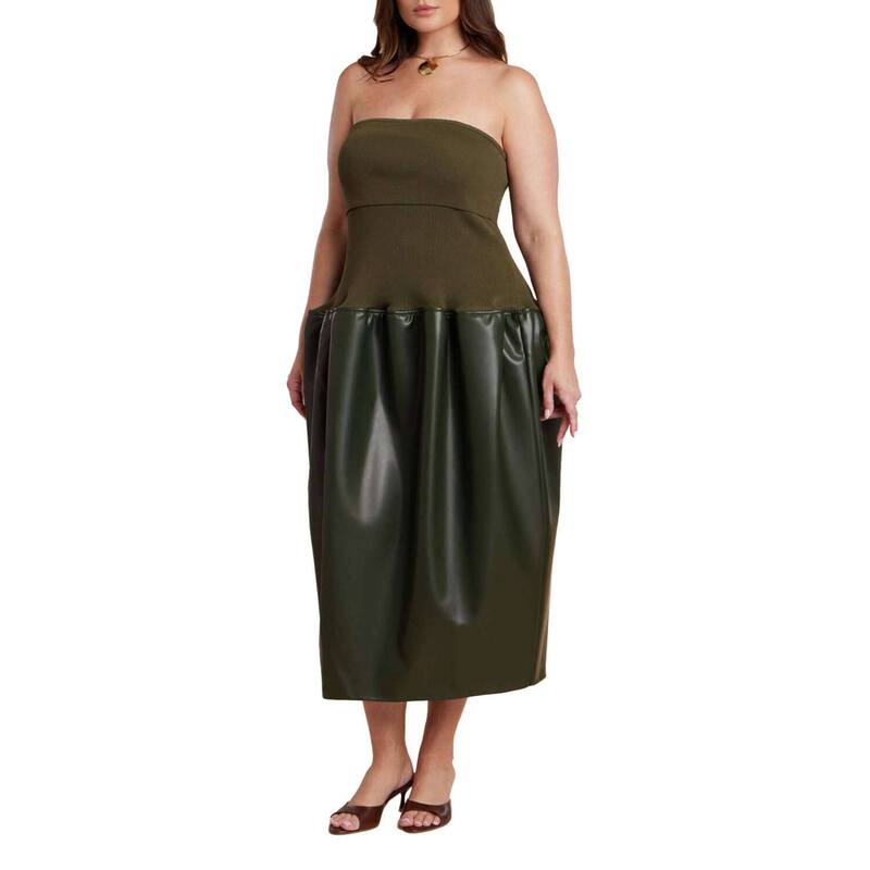 エロクイ レディース トップス 衣装 つけ加える大きさ スウェーター なめし革 フェイクレザー ELOQUII Women\u0027s Plusize Faux Leather Sweater Mixedress Dark Olive Green 緑であること