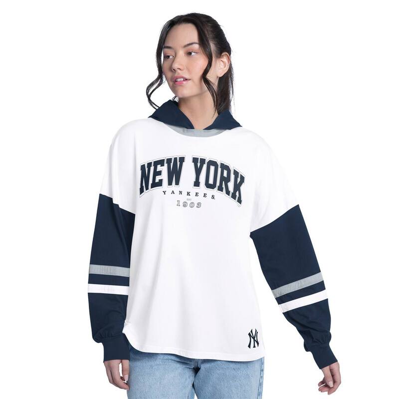 ジースリー フォーハー バイ 長い巻き毛 バンクス レディース トップス プルオーバー Women\u0027s G-III 4Her by Carl Banks White/Navy New York Yankees Key Player Oversized Hooded Long Sleeve T-Shirt Ynk White 白いこと