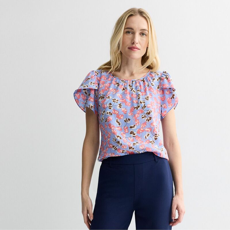 ナインウェスト レディース トップス シャツ クルーネック ブラウス Women's Nine West Gathered Crewneck Tulip Sleeve Blouse Multi Luisa Floral マルチカラー
